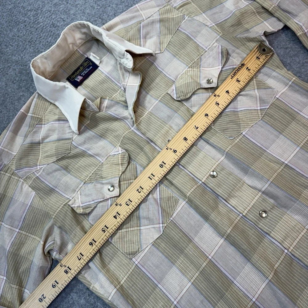 Vtg Panhandle Slim Men M Western Snap-Front Shirt Tan Olive Plaid 15 34 USA 70's